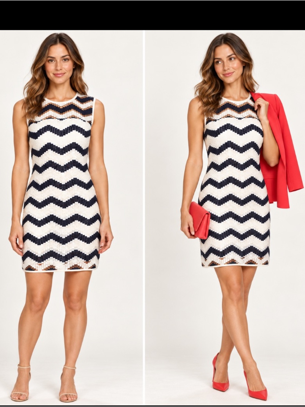 Milly Sleeveless Chevron Shift Dress - Navy & White